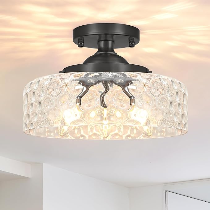 Daunton Black Semi Flush Mount Ceiling Light, 3-Light Ceiling Light with Hammered Glass, Vintage Hallway Lights, Closet Light Fixture, Kitchen Flush Ceiling Mount for Entryway Bedroom Bathroom,E12