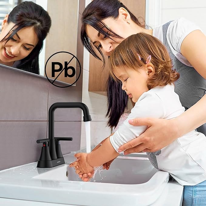 Matte Black Bathroom Sink Faucet, Hurran 4 inch Bathroom Faucets for Sink 3 Hole with Pop-up Drain and Supply Hoses, 360 Swivel Spout Centerset Faucet for Vanity RV Farmhouse, 2 Pack