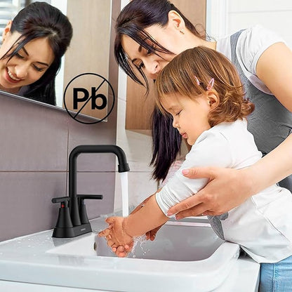 Matte Black Bathroom Sink Faucet, Hurran 4 inch Bathroom Faucets for Sink 3 Hole with Pop-up Drain and Supply Hoses, 360 Swivel Spout Centerset Faucet for Vanity RV Farmhouse, 2 Pack
