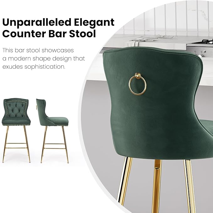Bar Stools Set of 2, Velvet Counter Height Bar Stools with Metal Legs, Button Tufted and Nailheads Trim, Wing Back Bar Chairs for Kitchen Island Dining Room Pub, Green