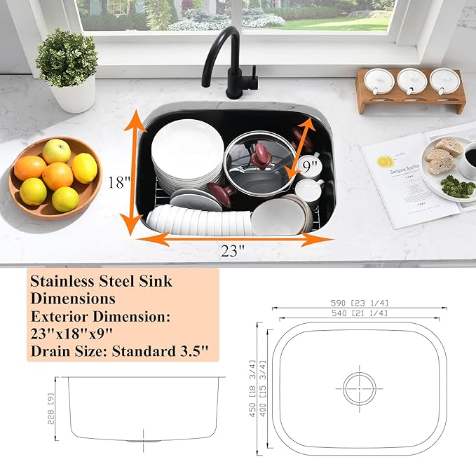 23 Inch Black Undermount Bar Sink-Bokaiya 23x18 Black Stainless Steel Undermount Kitchen Sink Wet Bar Prep Outdoor Sink 16 Gauge Single Bowl Kitchen Sink with Dish Grid