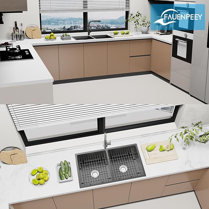 Black Kitchen Sink, 50/50 Double Bowl 33x19x8 Inch Undermount Stainless Steel Drop In Large Kitchen Sink Combo-Stainless Grid, Silicon Mat, Installation Clips For Modern SS Stylish Kitchen&Bar