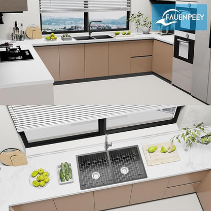 Black Kitchen Sink, 50/50 Double Bowl 33x19x8 Inch Undermount Stainless Steel Drop In Large Kitchen Sink Combo-Stainless Grid, Silicon Mat, Installation Clips For Modern SS Stylish Kitchen&Bar