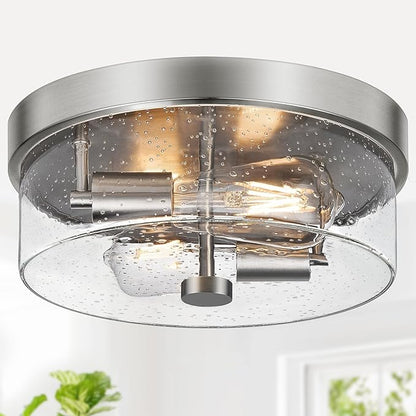 Flush Mount Ceiling Light Fixtures, 2-Light 12 Inch Brushed Nickel Close to Ceiling Light Fixtures with Seeded Glass Shade Ceiling Light Fixture for Porch, Hallway, Bathroom, Dining Room and Foyer