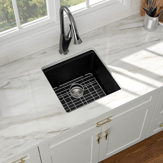 18 Inch Undermount Bar Sink 18x18 Undermount Bar Sink Mini Wet Bar White Quartz Granite Composite Small Kitchen RV Sinks Single Bowl Outdoor Island Basin with Cutting Board