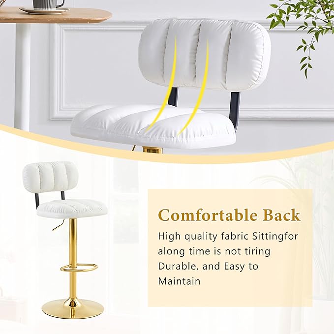 Set of 2 Adjustable Height Bar Stools, White PU Leather Upholstered Seating with Gold Metal Base Footrest, Stools for Kitchen Island, Home Bar, Living Room