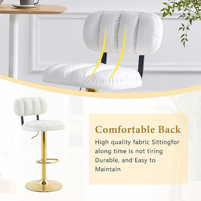 Set of 2 Adjustable Height Bar Stools, White PU Leather Upholstered Seating with Gold Metal Base Footrest, Stools for Kitchen Island, Home Bar, Living Room