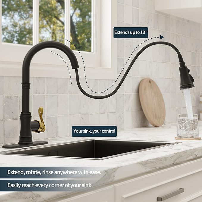 BWE Black Kitchen Faucet with Pull Down Sprayer and Gold Single Handle High Arc 3 Spray Modes Commercial Kitchen Sink Faucet Solid Brass with 10" Deck Plate for Kitchen Sink 1 or 3 Holes