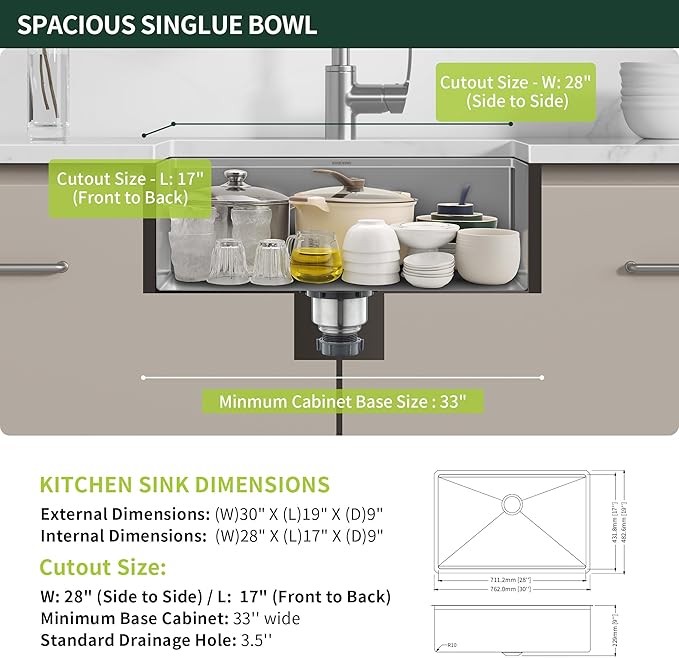 30-inch Undermount Kitchen Sink Workstation, SINKVINE 30x19 Large Outdoor Prep Sink BBQ, Stainless Steel Single Bowl w/Sapele-Wood Cutting Board, SST Colander w/Wood Handle, and Roll-up Dish Drying