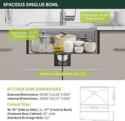 30-inch Undermount Kitchen Sink Workstation, SINKVINE 30x19 Large Outdoor Prep Sink BBQ, Stainless Steel Single Bowl w/Sapele-Wood Cutting Board, SST Colander w/Wood Handle, and Roll-up Dish Drying