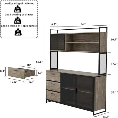 AGOTENI Large Kitchen Hutch Cabinet, Storage Cupboard Pantry with 3 Metal Doors, 3 Drawers & Microwave Shelf, for Kitchen Open Storage, Walnut (59" W x 15.7" D x 68.5" H)