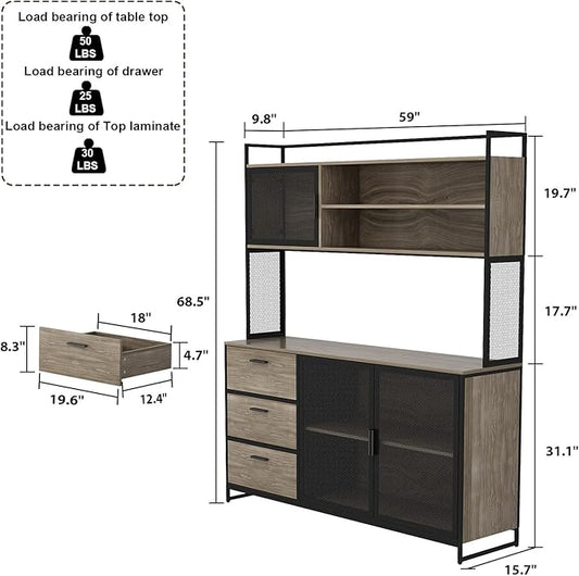 AGOTENI Large Kitchen Hutch Cabinet, Storage Cupboard Pantry with 3 Metal Doors, 3 Drawers & Microwave Shelf, for Kitchen Open Storage, Walnut (59" W x 15.7" D x 68.5" H)