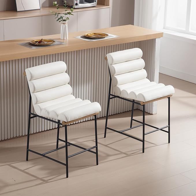White Pu Leather Bar stools Set of 6, 25” Modern Upholstered Counter stools with Black Metal Legs, Armless Counter Height Chairs with Channel Tufted Back for Kitchen Island Home Pub
