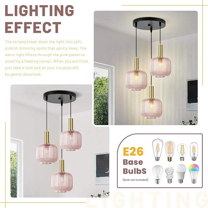 3-Lights Pink Glass Pendant Light with Striped Shade, 59" Adjustable Hanging Chandelier Vintage Industrial Ceiling Light Fixture for Dining Room Living Room Bedroom