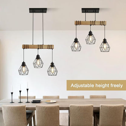 20" Farmhouse Kitchen Light Fixture, Black Hanging Kitchen Chandelier, 3-Light Rustic Dining Room Light Adjustable Height with Wood and Metal Frame, Suit for Farmhouse, Industrial Style
