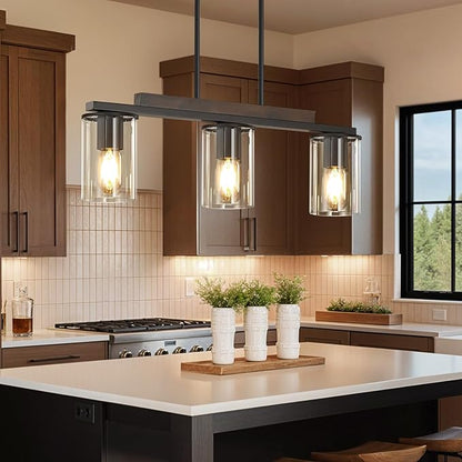 Mecgirn Farmhouse Dining Room Light Fixtures Over Table, Black Pendant Lights for Kitchen Island, 3 Light Linear Chandelier Lighting with Wood