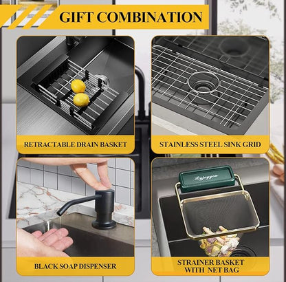 Black 22x18 Inch Kitchen And Bar Sink-Stainless Steel Drop In Single Bowl Topmount Kitchen&Bar Sink Combo-Sink Grid,Soap Dispenser,Drain Basket,Strainer Mesh,Drain Strainer Set for Modern Kitchen Sink