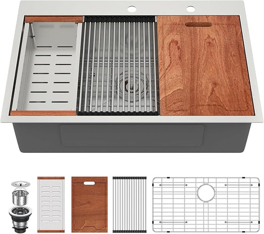 LORDEAR 30x22 Inch Drop In Kitchen Sink Stainless Steel Workstation Kitchen Sinks 16 Gauge Single Bowl Sink with Ledges 30 inch Topmount Kitchen Sinks Round Corners