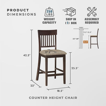 Lexicon Counter Height Stools Set of 2 - Attis Kitchen Counter Stools Set of 2, Upholstered Padded 25.5" Seat Height, Sturdy Solid Wood, Farmhouse Kitchen Chairs, Slat Back, Easy Assembly, Dark Brown