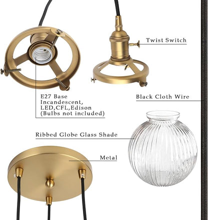 Phansthy Kitchen Island Lighting, 3 Lights Linear Chandeliers, Hanging Light with 5.9" Globe Striped Glass Shade, 3-Light Pendant Light Fixtures for Dining Room Farmhouse (Antique Gold, Round Base)