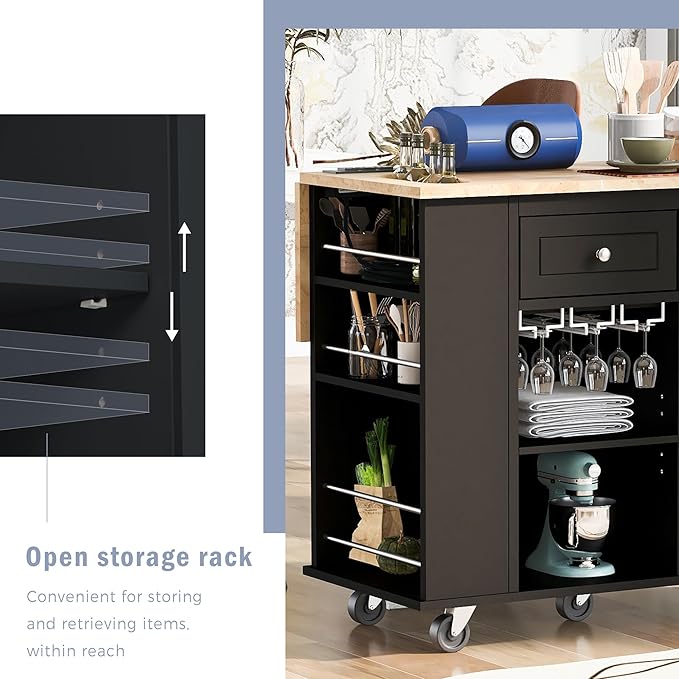 Ball & Cast Kitchen Island with Power Outlet,Kitchen Island with Drop Leaf and Rubber Wood,Open Storage and Wine Rack,5 Wheels,W/Adjustable Storage for Home,Kitchen,Dining Room,Black,40"