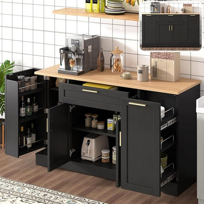 53.7'' Multi-Functional Storage Sideboard with Adjustable Shelves, Mid-Century Modern Console Table with 3-Tier Pull-Out Rack, Kitchen Island for Kitchen, Dining Room and Living Room (Black)