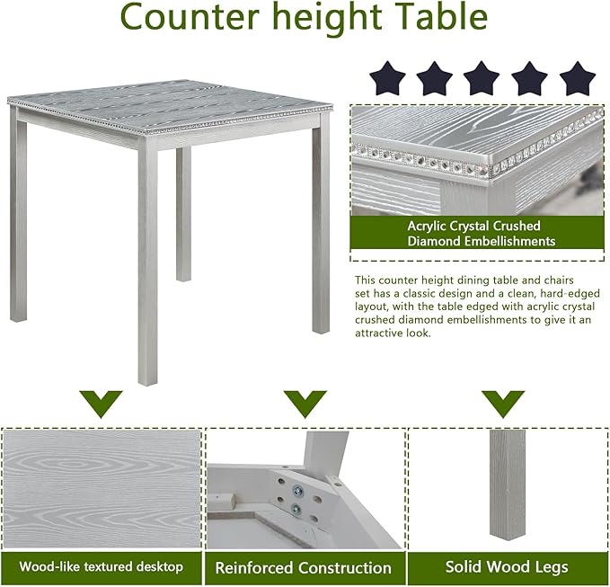 5 Piece Counter Height Dining Table Set for 4, Elegant Wooden Kitchen Table and 4 Upholstered Chairs with Crystal Decoration, Square Dining Table Set for Kitchen and Dining Room, Silver Grey