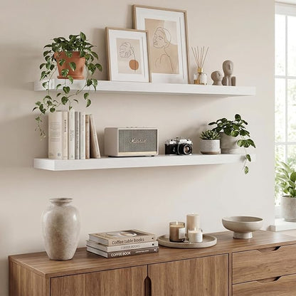 INHABIT UNION White Floating Shelves Set of 2, 35.43in Wall Mounted Display Ledge Shelves for Bedroom Bathroom Living Room and Kitchen Decoration Storage