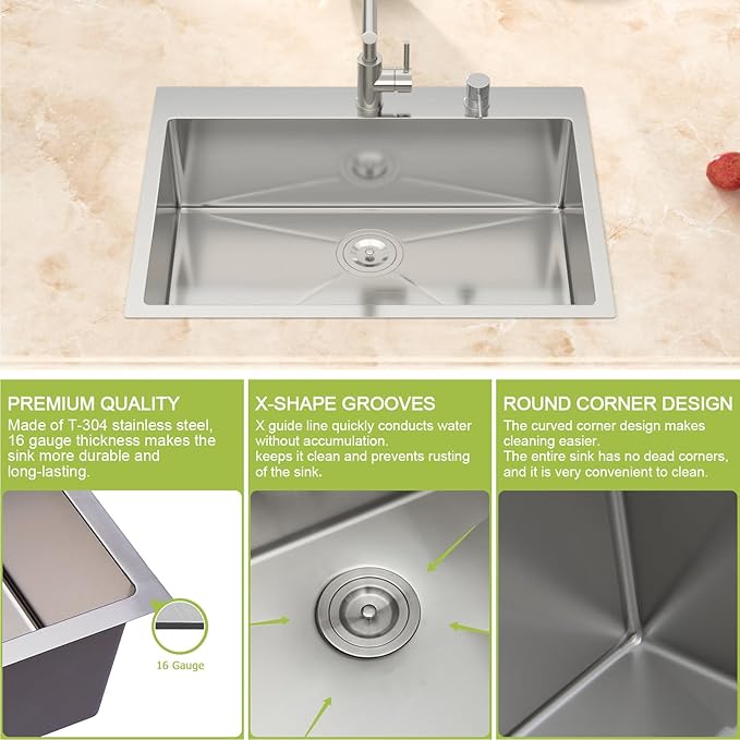 30 Inch Drop In Kitchen Sink -Meryiao 30x22 Stainless Steel Sinks Topmount 16 Gauge 304 Handmade Single Bowl Kitchen Sink 9" Deep With Assembly