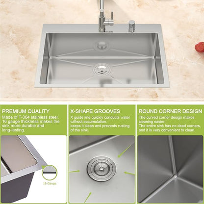 30 Inch Drop In Kitchen Sink -Meryiao 30x22 Stainless Steel Sinks Topmount 16 Gauge 304 Handmade Single Bowl Kitchen Sink 9" Deep With Assembly