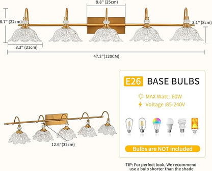 Vintage Bathroom Vanity Light, 5-Light Matte Brass Finish Vanity Light with Floral Clear Glass Shades, Retro Wall Mount Lighting for Bathroom, Dressing Table