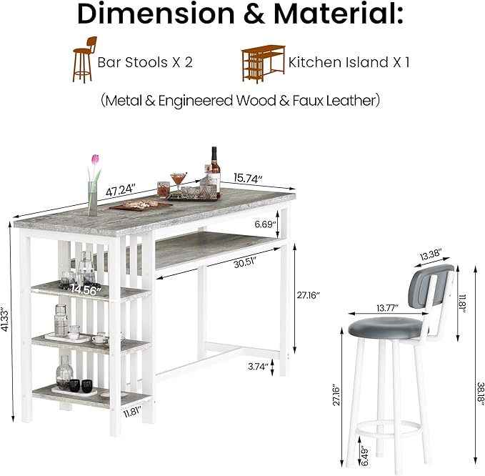DKLGG Bar Table and Chairs Set for 2, 3-Piece Counter Height Dining Table with Stools, Hightop Kitchen Island Table with Storage Shelves for Kitchen, Bar, Pub, Bistro