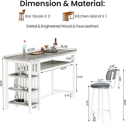 DKLGG Bar Table and Chairs Set for 2, 3-Piece Counter Height Dining Table with Stools, Hightop Kitchen Island Table with Storage Shelves for Kitchen, Bar, Pub, Bistro