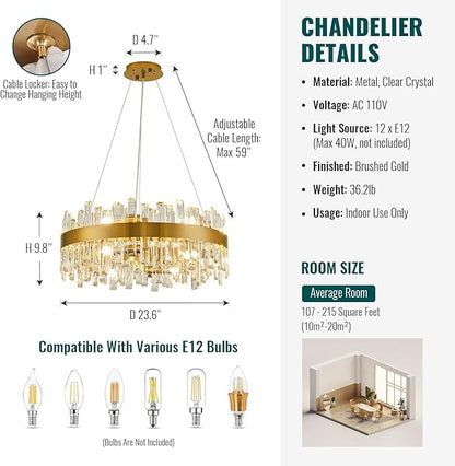 Siljoy Modern Crystal Chandelier, 12-Light Brushed Gold Round K9 Crystal Raindrop Chandelier, Luxury Dimmable Pendant Ceiling Light for Dining Room Living Room Kitchen Island Entryway Foyer, D23.6''