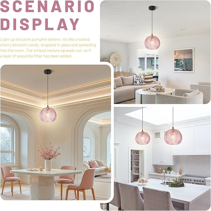 Pink Hanging Pendant Lighting, Vintage Modern Hanging Light Glass Chandelier Adjustable Ceiling Pendant Light for Living Room Dressing Room, Vanity, Girls Room