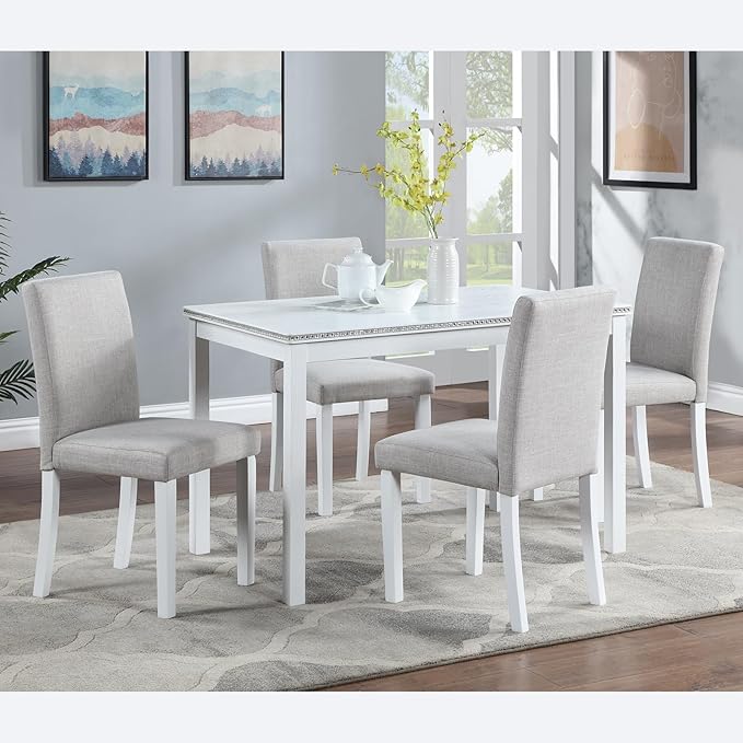 Ball & Cast Upholstered Dining-Room Chairs Set of 4, Kitchen Island Chair with Linen Padded Seat & White Wood Legs, 4pcs Modern Armless Side-Chair for Dining, Gray