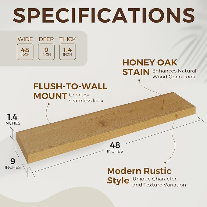 Dreamland 48 Inches Floating Shelves for Wall, 9.3 Inch Deep Floating Shelves Set of 2, Large Display & Storage Shelf, Wall Shelf for Bathroom Bedroom Living Room Kitchen Office,Oak