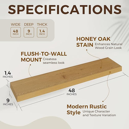Dreamland 48 Inches Floating Shelves for Wall, 9.3 Inch Deep Floating Shelves Set of 2, Large Display & Storage Shelf, Wall Shelf for Bathroom Bedroom Living Room Kitchen Office,Oak