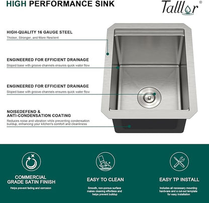12" Undermount Bar Sink, 16 Gauge Stainless Steel Workstation Prep Sink with Cutting Board & Drain Strainer, Small Single Bowl Wet Bar Sinks for RV, Kitchen Island, Brushed Nickel #TLU-0018