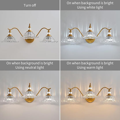 Vintage Bathroom Vanity Light Fixtures - 3 Light Antique Brass Bathroom Lights Fixture Over Mirror with Clear Flower Glass,Retro Brushed Gold Bronze Wall-Mounted Vanity Lighting for Powder Room