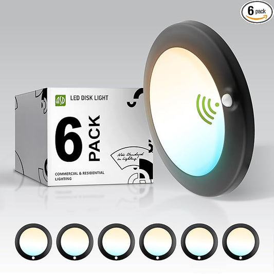 ASD 6 Inch Motion Sensor LED Disk Lights - 15W 120V 2700-5000K Black Dimmable Flush Mount Ceiling Light Fixture, Low Profile Surface Mount Disc Lights, Junction Box & Can, ETL, Energy Star, 6 Pack