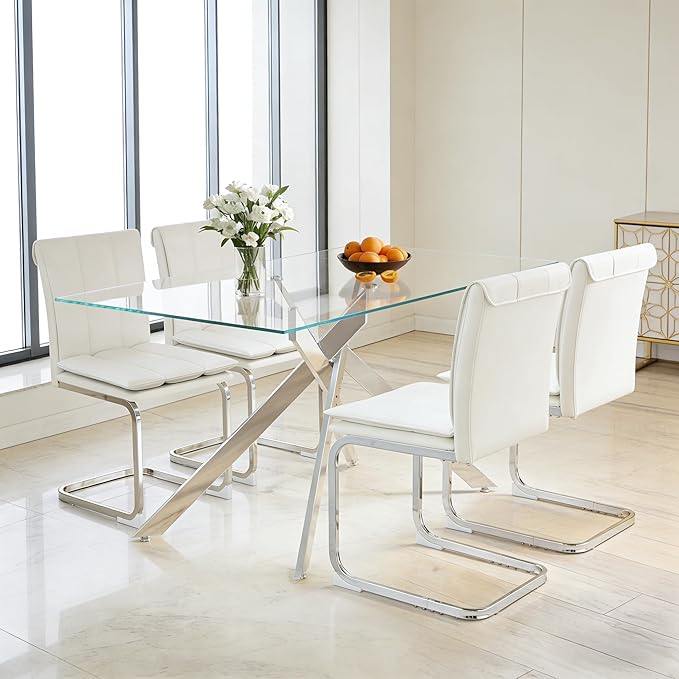 51.18" Rectangular Glass Dining Table, Tempered Glass Small Kitchen Table with Metal Tubular Legs, Stylish and Sturdy Silver Dinner Table for Home and Outdoor
