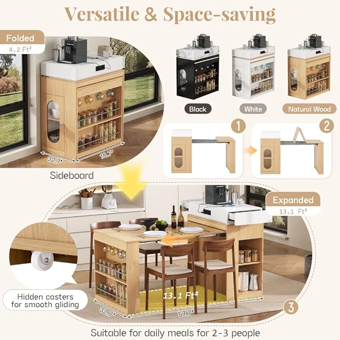 Modern Marble Dining Table Extendable Folding Solid Wood Kitchen Island with Power Socket Buffet Cabinet Sideboard on Wheels for Dining Room (Natural Wood+Cream White,Without Metal Legs)