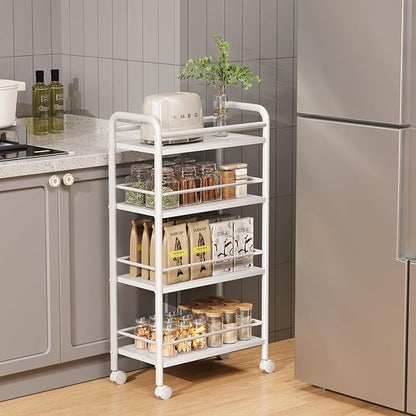 Asgolion Slim Storage Cart, 4-Tier Small Rolling Cart with Wheels, 9.1" Deep, Narrow Bathroom Shelf Trolley for Kitchen, Bathroom, Laundry Room, White Large 4-Tier (9.1" W x 33.6" H)