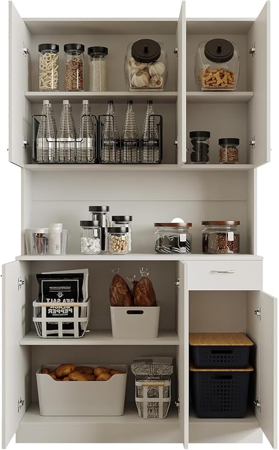 DMAITH 71" White Kitchen Pantry Cabinets with Microwave Stand, 6 Doors & 3 Adjustable Shelves, Freestanding China Cabinet Hutch, Buffet Cabinet with Storage