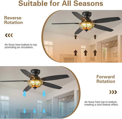 Ceiling Fans with Lights - 52" Ceiling Fan Chandelier with 5 Dual-Blades and Glass Shade, 6 Speeds and Reversible, Indoor and Outdoor, Retro Style