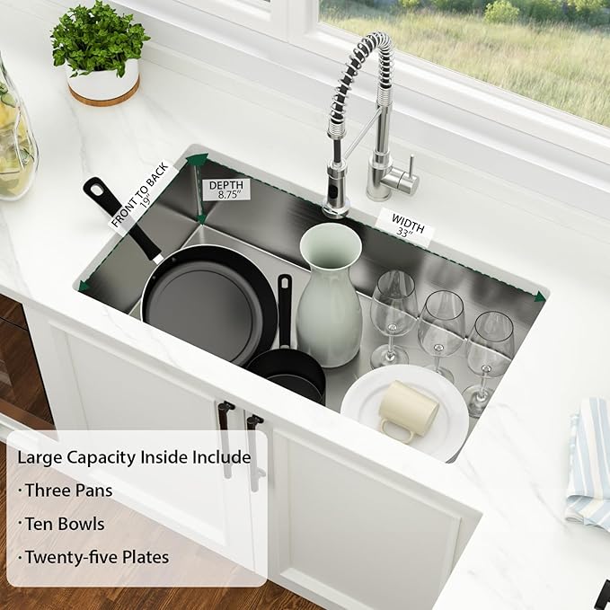 33 Inch Undermount Kitchen Sink 33 x 19 Undermount Kitchen Sinks Stainless Steel 16 Gauge Single Bowl Under Mount Deep Basin Handmade with Offset Drainer