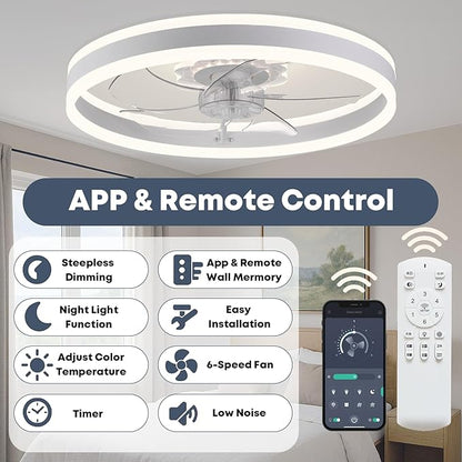 Fszdorj Ceiling Fan with Light, Upgraded 20‘’ Low Profile Fan, Flush Mount Ceiling Fan, 6 Speeds, Dimmable LED, App & Remote Control, Quiet DC Motor, for Bedroom, Living Room, F105 White