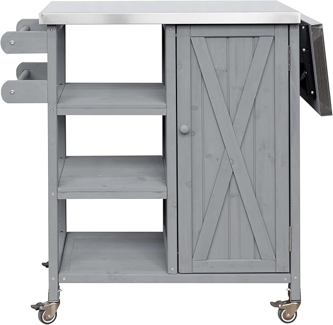 JIJIWANG 33.4" Foldable Outdoor Kitchen Island Patio Kitchen Island Outdoor Kitchen Cart Portable Prep Station with Lockable Wheels, Storage Cabinet and Towel Rack for Patio and Outdoor Grey