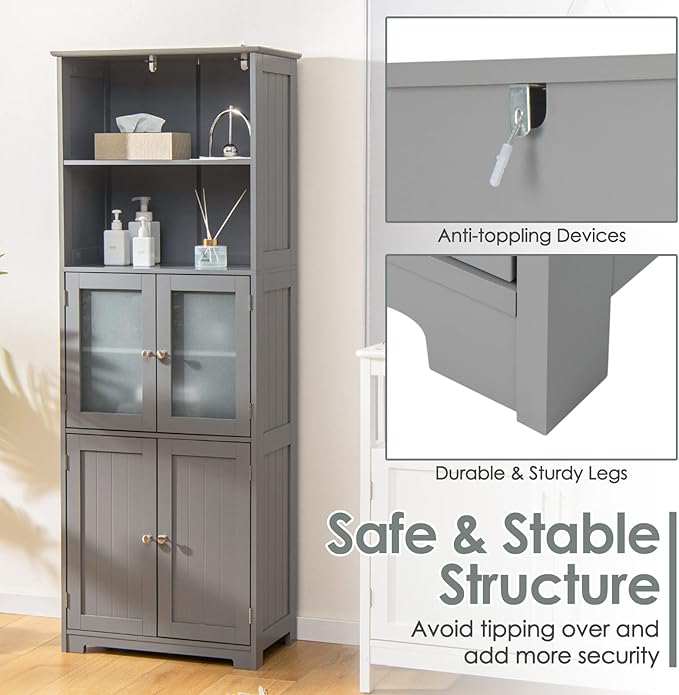 Tangkula Tall Bathroom Storage Cabinet, Freestanding Floor Cabinet w/2 Glass Doors & 2 Open Shelves, 3-Position Adjustable Shelves, Anti-toppling Design, 64” Tall Pantry Cupboard for Kitchen